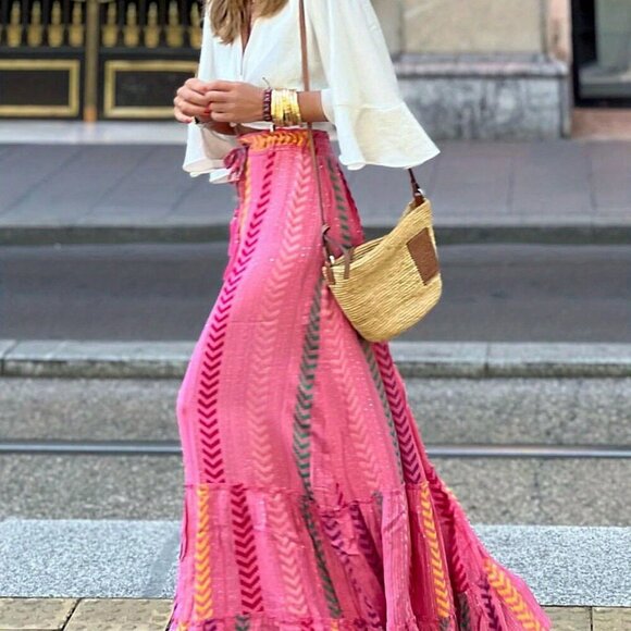 Pink Casual Women's Boho multi Printed Ruffled Hem Flowy maxi Skirt - Picture 4 of 7